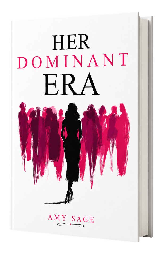 3D standing book mockup of Her Dominant Era by Amy Sage, featuring a black silhouette of a confident woman stepping ahead of a vibrant pink crowd.