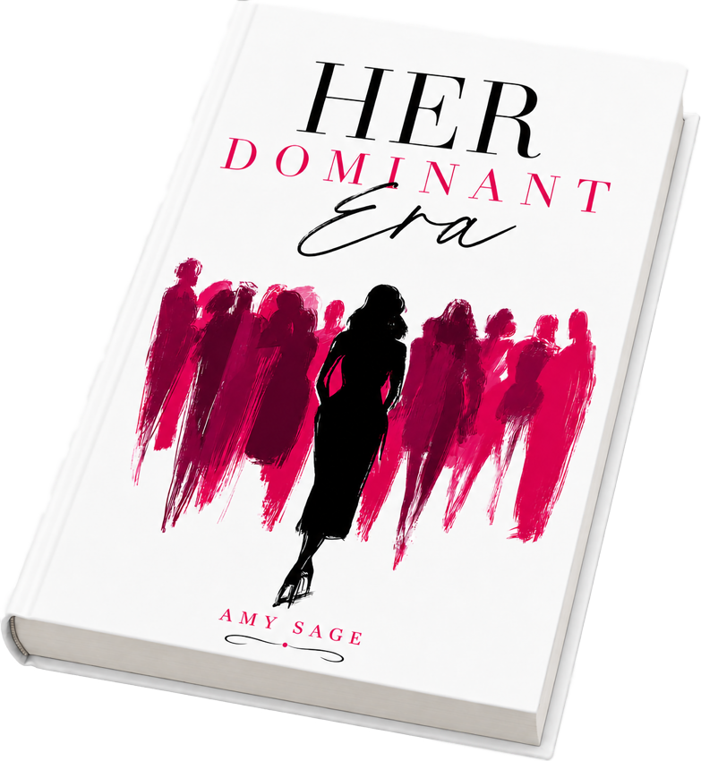 Angled 3D book mockup of Her Dominant Era by Amy Sage resting flat, highlighting the cover's script typography and painted silhouette aesthetic.